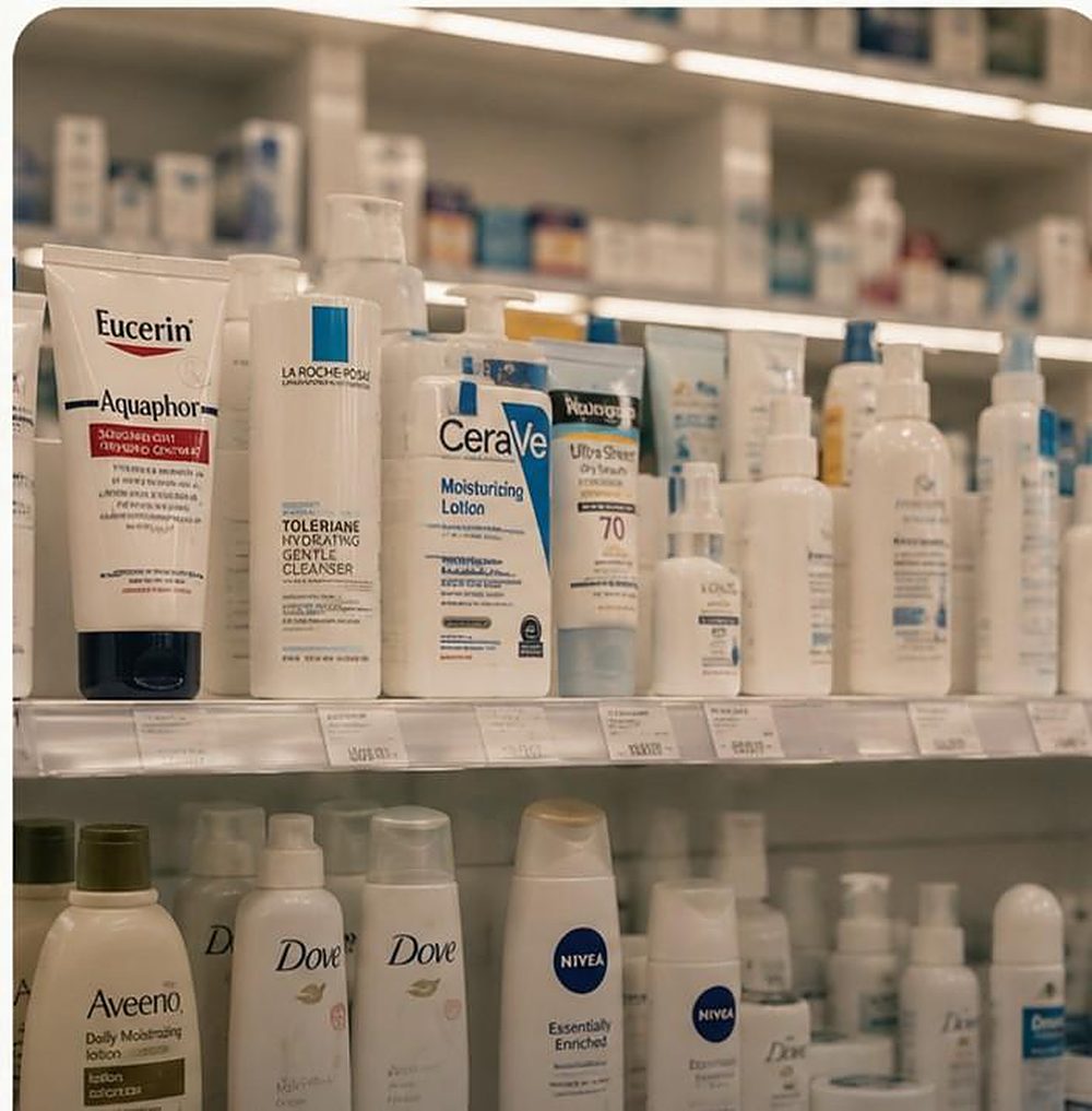 Shelves of personal care and skincare products at Farmacia Olas Altas