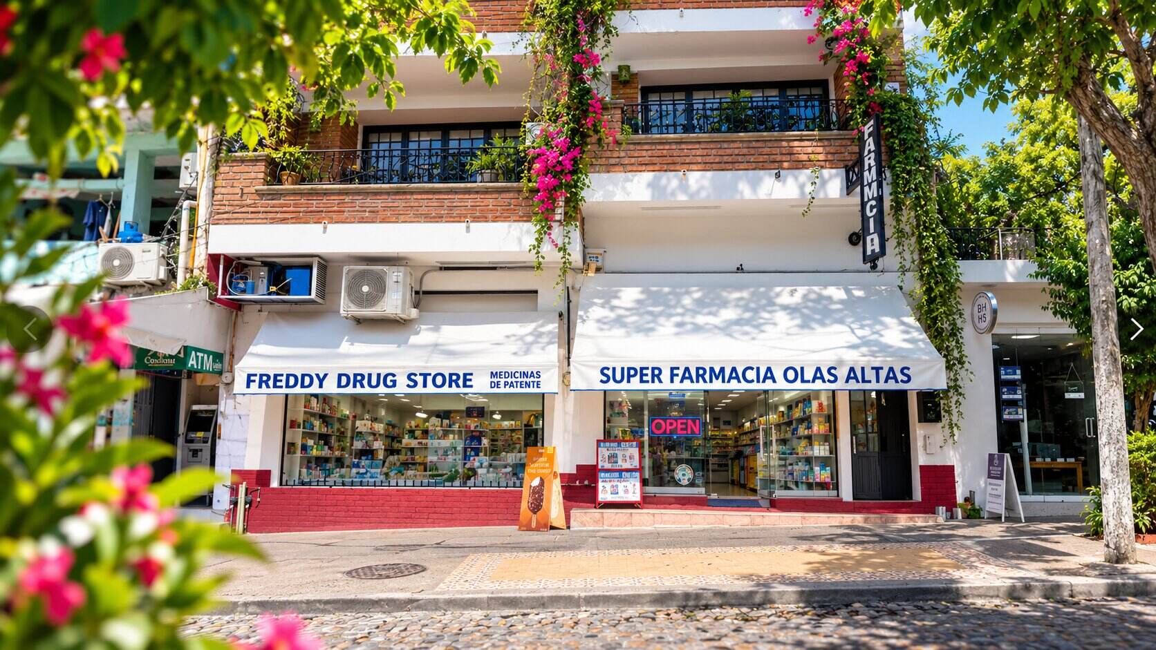 Farmacia Olas Altas storefront with the 'Super Farmacia Olas Altas' sign, Puerto Vallarta