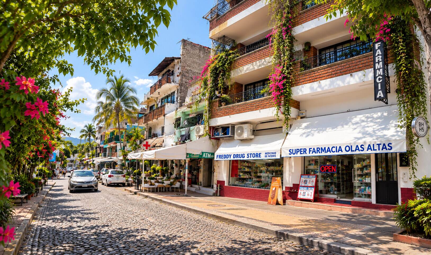 Olas Altas street in Zona Romántica, Puerto Vallarta, with the Farmacia Olas Altas sign among bougainvillea