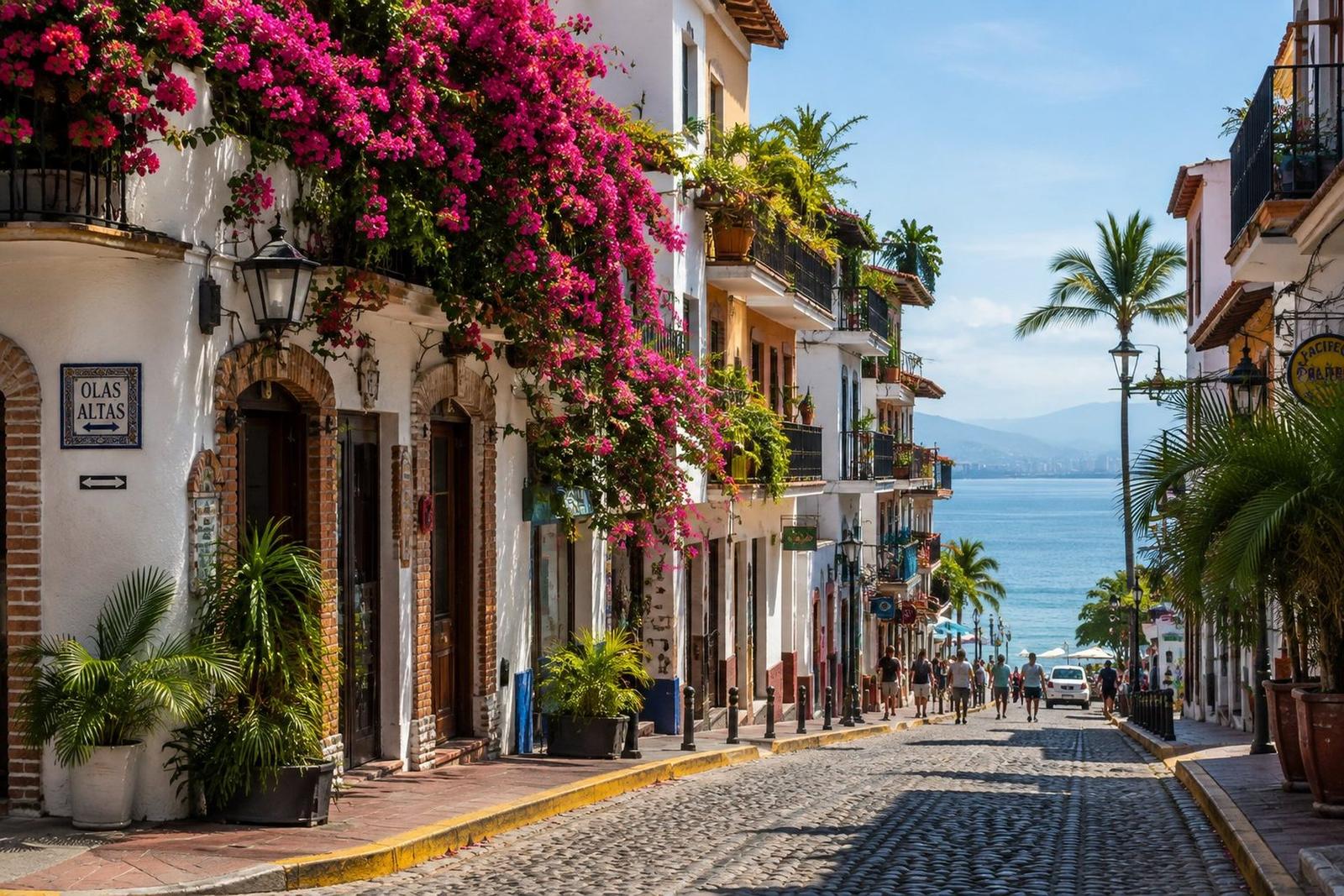 Cobblestone street in Zona Romántica near Farmacia Olas Altas, Puerto Vallarta
