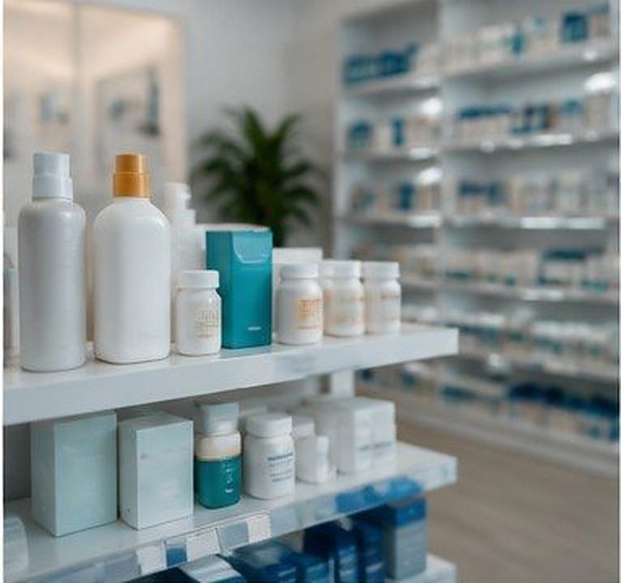 Pharmacy shelves stocked with medication at Farmacia Olas Altas