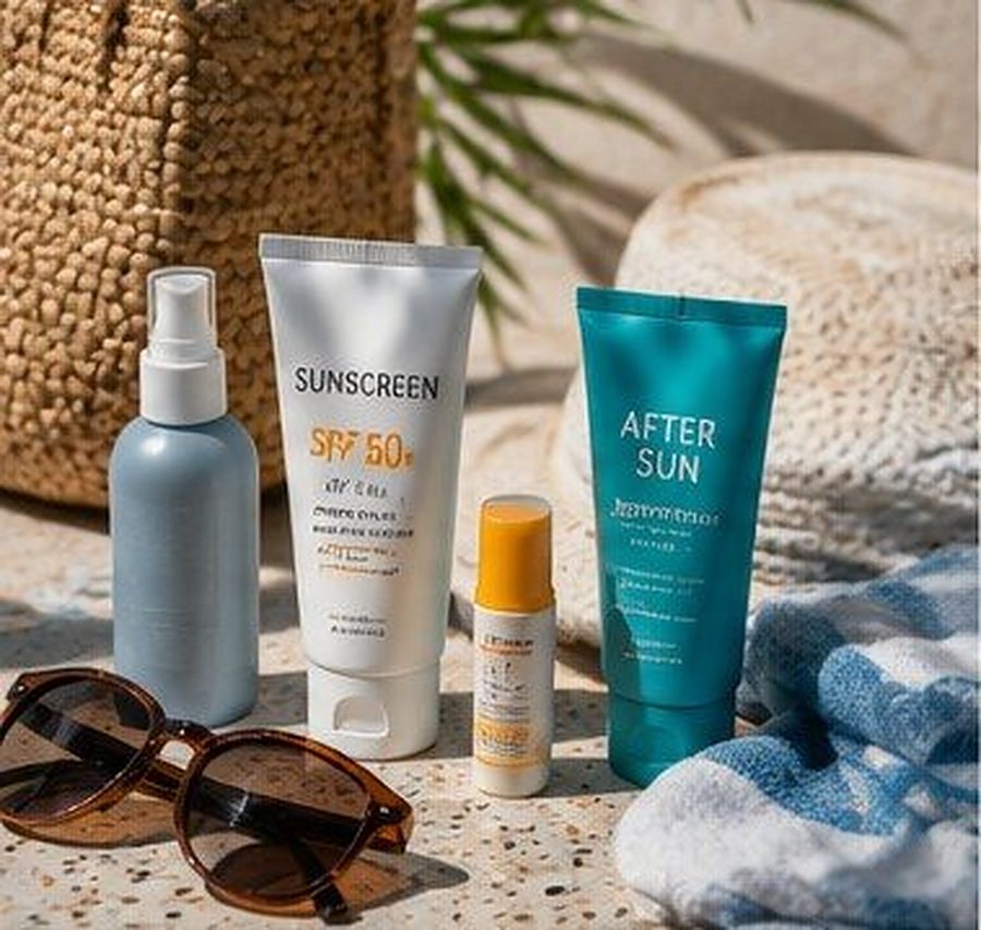 Sunscreen, after-sun and sunglasses for the beach
