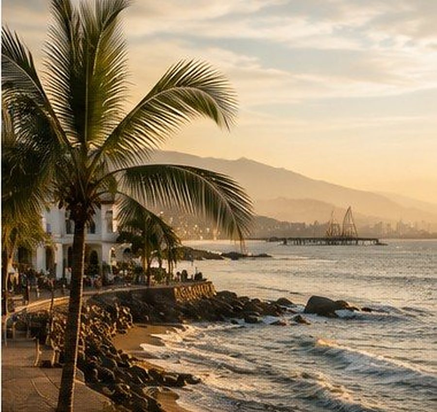 Palm trees along the Puerto Vallarta coastline at sunset