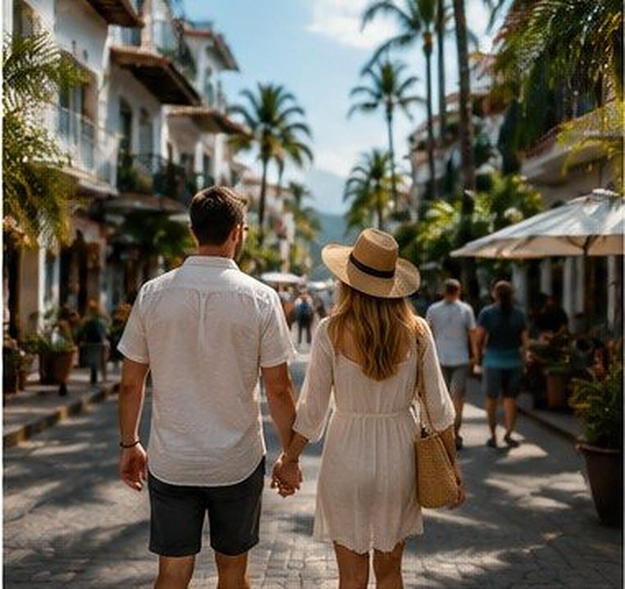 Visitors walking hand in hand through Zona Romántica, Puerto Vallarta
